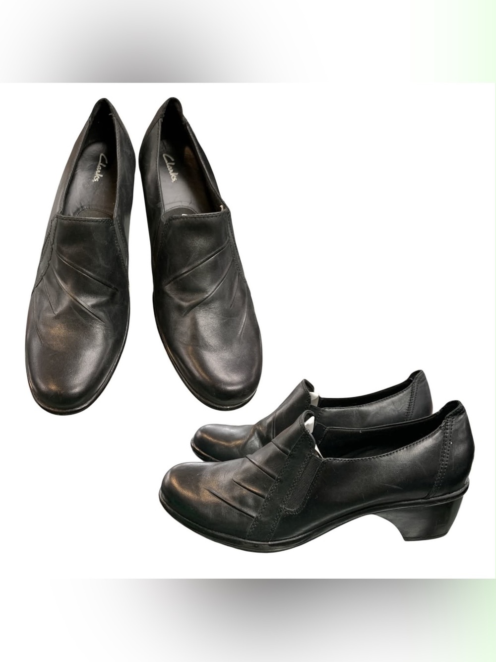 Clarks Black Leather Low Block Heel Slip-Ons S11